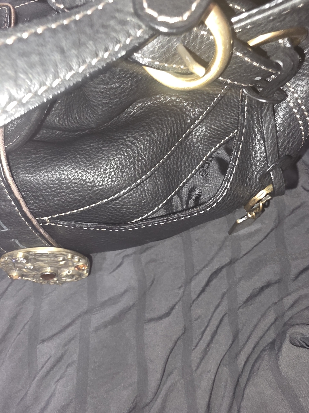 Luce Black Pebbled Leather Shoulder Bag with Decorative Medallion Accent - Picture 8 of 13
